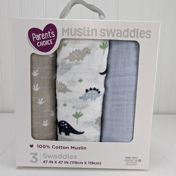 Parent's Choice 3 Muslin Swaddles Dinosaur Theme 47" x 47" Cotton Baby Boy New - Picture 1 of 7